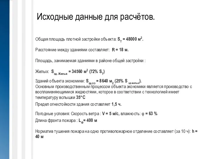 Исходные данные для расчётов. Общая площадь плотной застройки объекта: SТ