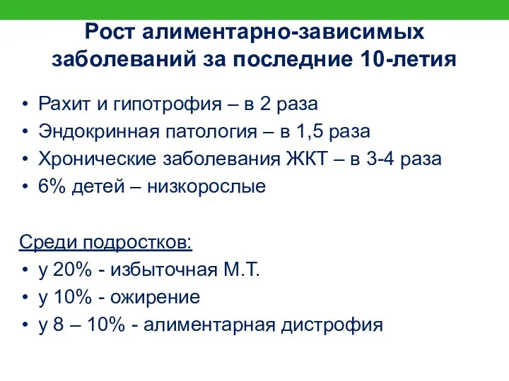 Рост алиментарно-зависимых заболеваний за последние 10-летия Рахит и гипотрофия –