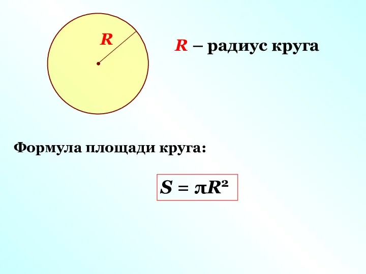 R – радиус круга Формула площади круга: S = πR2 R