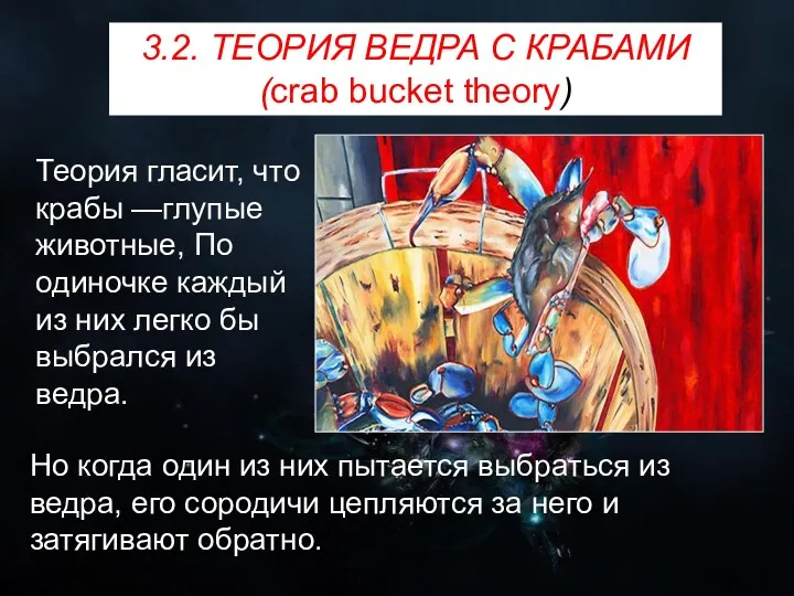3.2. ТЕОРИЯ ВЕДРА С КРАБАМИ (crab bucket theory) Но когда один из них
