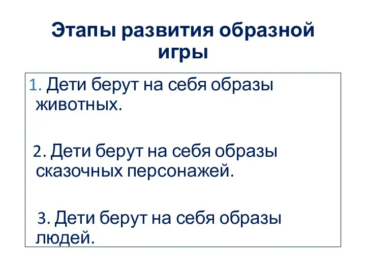 Этапы развития образной игры 1. Дети берут на себя образы