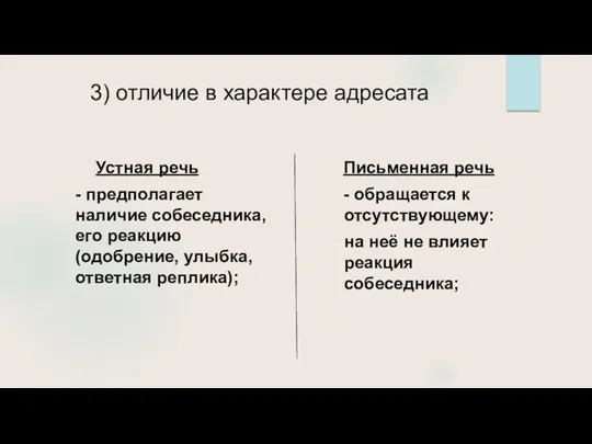 3) отличие в характере адресата Устная речь - предполагает наличие