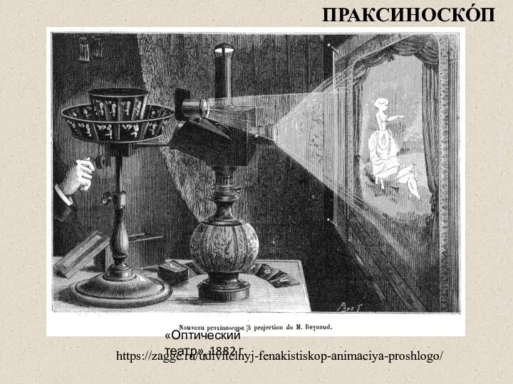 «Оптический театр», 1882 г. https://zagge.ru/udivitelnyj-fenakistiskop-animaciya-proshlogo/ ПРАКСИНОСКО́П