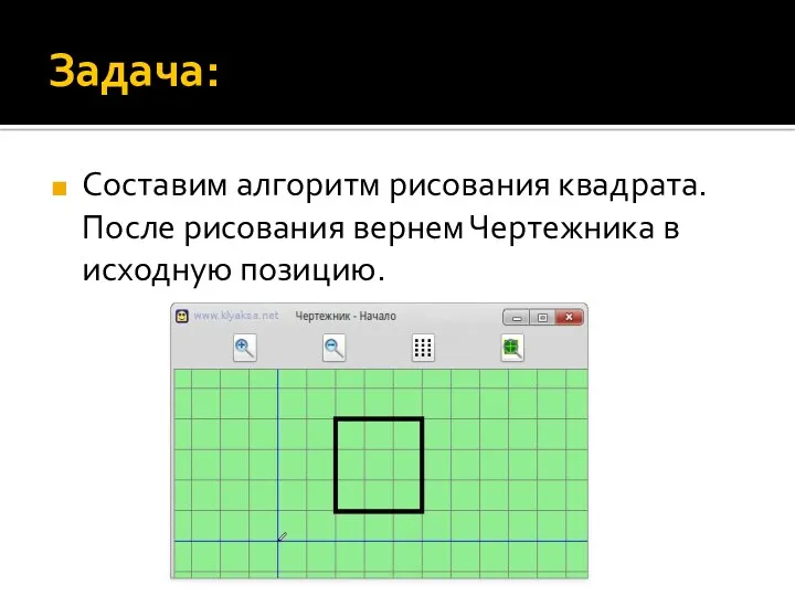 Задача: Составим алгоритм рисования квадрата. После рисования вернем Чертежника в исходную позицию.