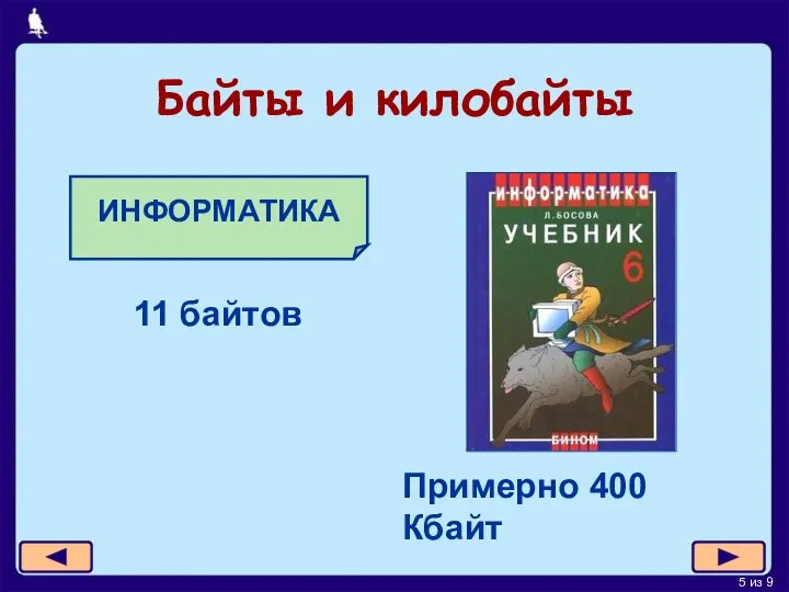 Байты и килобайты ИНФОРМАТИКА 11 байтов Примерно 400 Кбайт