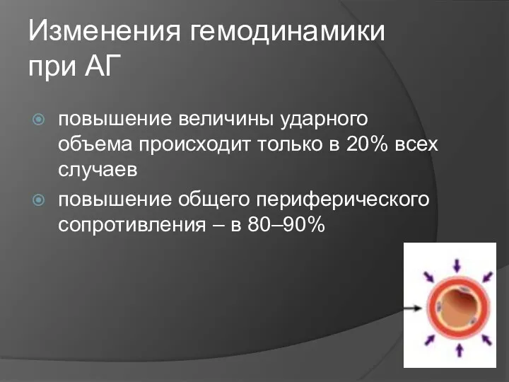 Изменения гемодинамики при АГ повышение величины ударного объема происходит только