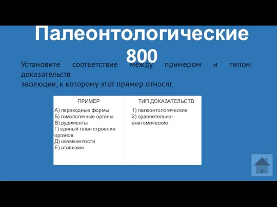 Палеонтологические 800 Установите соответствие между примером и типом доказательств эволюции, к которому этот пример относят.