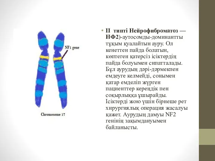 II типті Нейрофиброматоз — НФ2)-аутосомды-доминантты тұқым қуалайтын ауру. Ол кенеттен