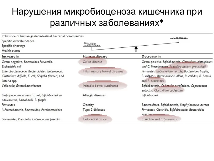 Нарушения микробиоценоза кишечника при различных заболеваниях* *Prakash S., 2011