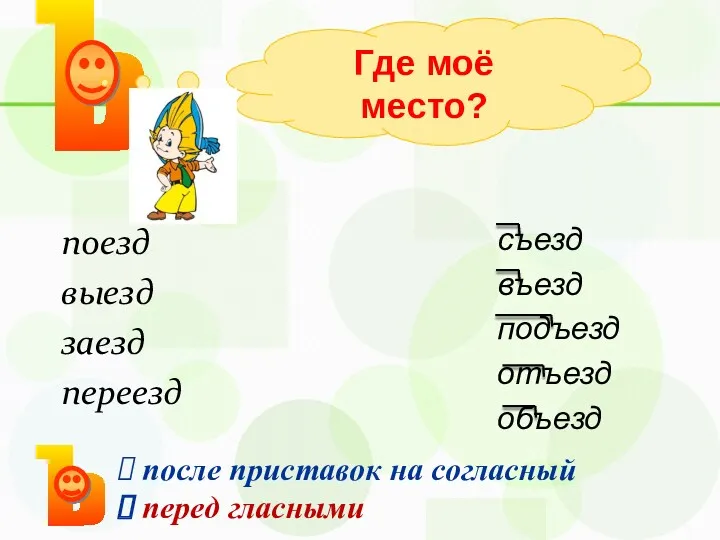 поезд выезд заезд переезд Где моё место? съезд въезд подъезд