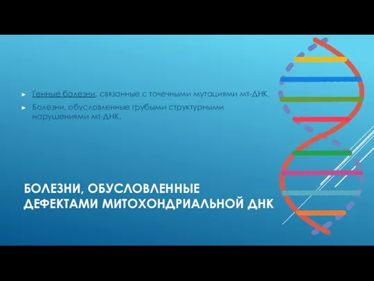 БОЛЕЗНИ, ОБУСЛОВЛЕННЫЕ ДЕФЕКТАМИ МИТОХОНДРИАЛЬНОЙ ДНК Генные болезни, связанные с точечными мутациями мт-ДНК. Болезни,