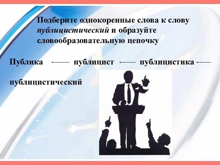 Подберите однокоренные слова к слову публицистический и образуйте словообразовательную цепочку Публика публицист публицистика публицистический