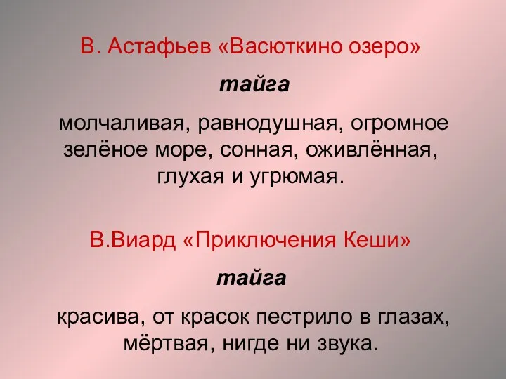 В. Астафьев «Васюткино озеро» тайга молчаливая, равнодушная, огромное зелёное море,