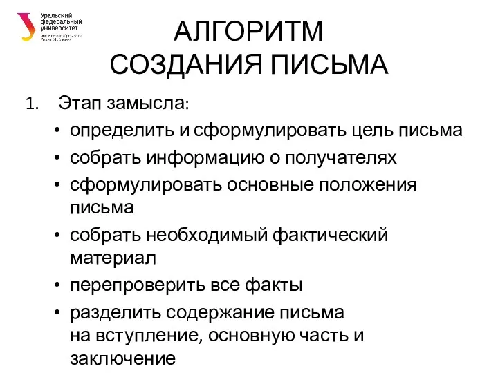 АЛГОРИТМ СОЗДАНИЯ ПИСЬМА Этап замысла: определить и сформулировать цель письма