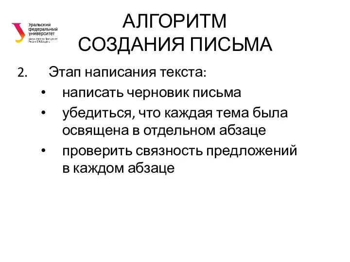 АЛГОРИТМ СОЗДАНИЯ ПИСЬМА Этап написания текста: написать черновик письма убедиться,