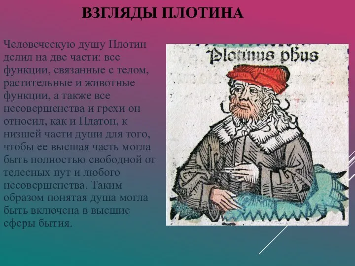 ВЗГЛЯДЫ ПЛОТИНА Человеческую душу Плотин делил на две части: все