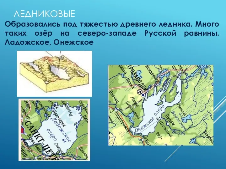 ЛЕДНИКОВЫЕ Образовались под тяжестью древнего ледника. Много таких озёр на северо-западе Русской равнины. Ладожское, Онежское