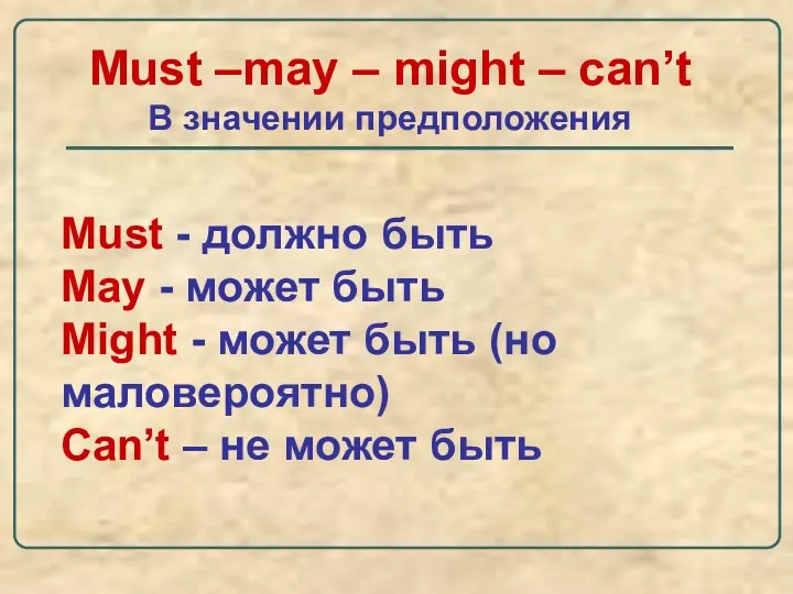 Must –may – might – can’t В значении предположения Must - должно быть