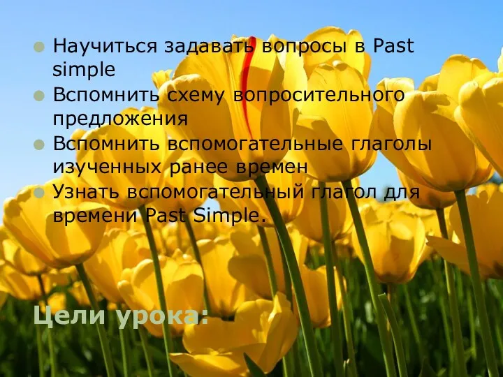 Цели урока: Научиться задавать вопросы в Past simple Вспомнить схему