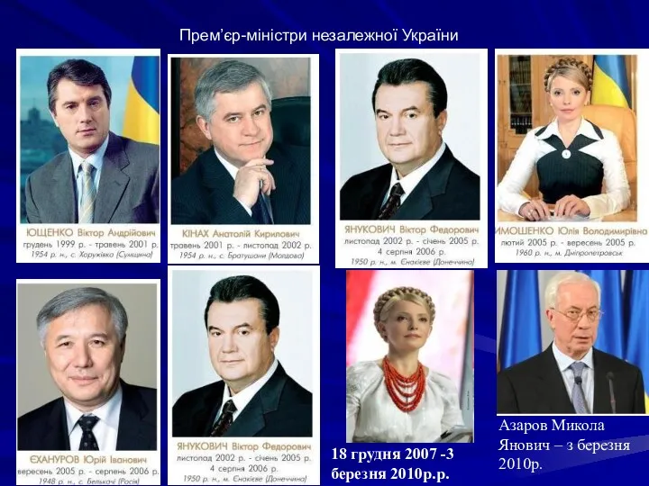 Прем’єр-міністри незалежної України Азаров Микола Янович – з березня 2010р. 18 грудня 2007 -3 березня 2010р.р.