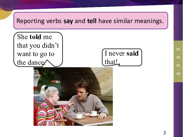 Reporting verbs say and tell have similar meanings. She told me that you