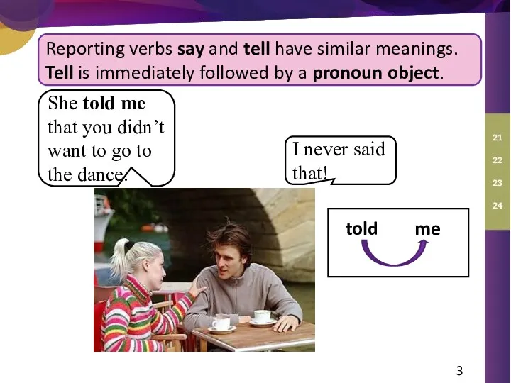 Reporting verbs say and tell have similar meanings. Tell is immediately followed by