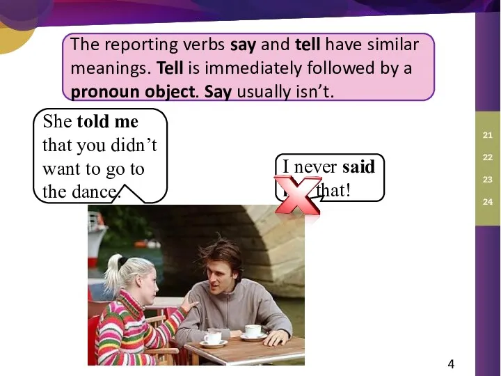 The reporting verbs say and tell have similar meanings. Tell is immediately followed