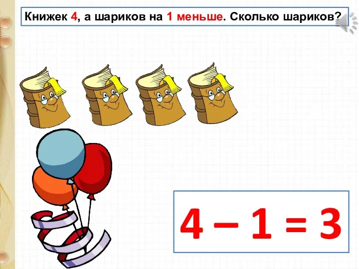 Книжек 4, а шариков на 1 меньше. Сколько шариков? 4 – 1 = 3