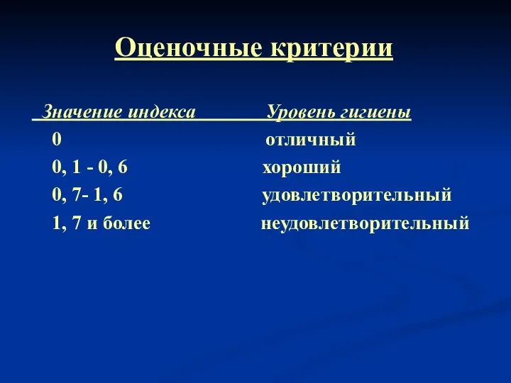 Оценочные критерии Значение индекса Уровень гигиены 0 отличный 0, 1