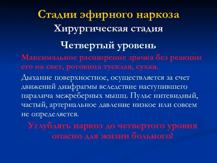 Стадии эфирного наркоза Хирургическая стадия Четвертый уровень Максимальное расширение зрачка