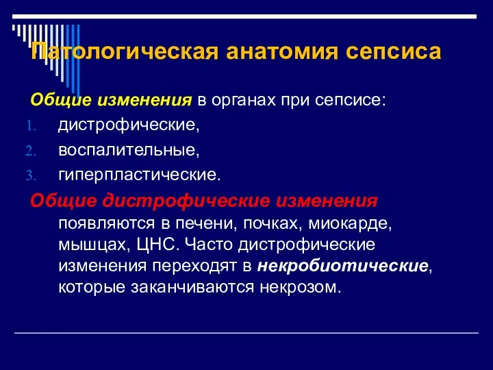 Патологическая анатомия сепсиса Общие изменения в органах при сепсисе: дистрофические,