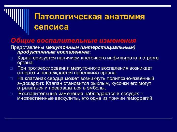 Патологическая анатомия сепсиса Общие воспалительные изменения Представлены межуточным (интерстициальным) продуктивным