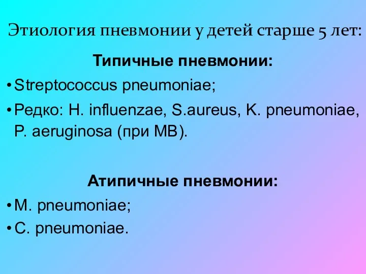 Этиология пневмонии у детей старше 5 лет: Типичные пневмонии: Streptococcus