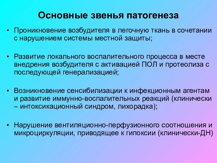 Основные звенья патогенеза Проникновение возбудителя в легочную ткань в сочетании