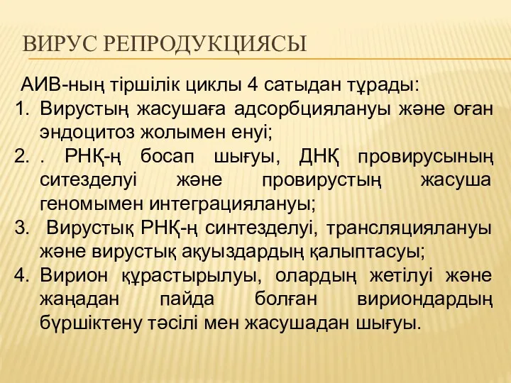 ВИРУС РЕПРОДУКЦИЯСЫ АИВ-ның тіршілік циклы 4 сатыдан тұрады: Вирустың жасушаға