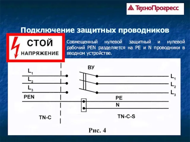 Подключение защитных проводников Совмещенный нулевой защитный и нулевой рабочий PEN