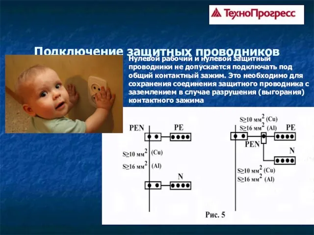 Подключение защитных проводников Нулевой рабочий и нулевой защитный проводники не