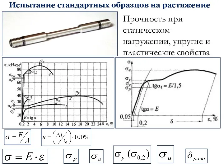 Испытание стандартных образцов на растяжение Прочность при статическом нагружении, упругие и пластические свойства