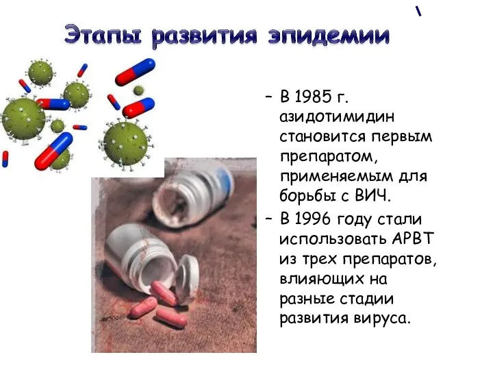 В 1985 г. азидотимидин становится первым препаратом, применяемым для борьбы с ВИЧ. В