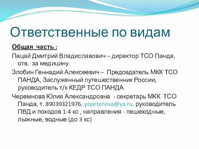 Ответственные по видам Общая часть : Пацай Дмитрий Владиславович – директор ТСО Панда,