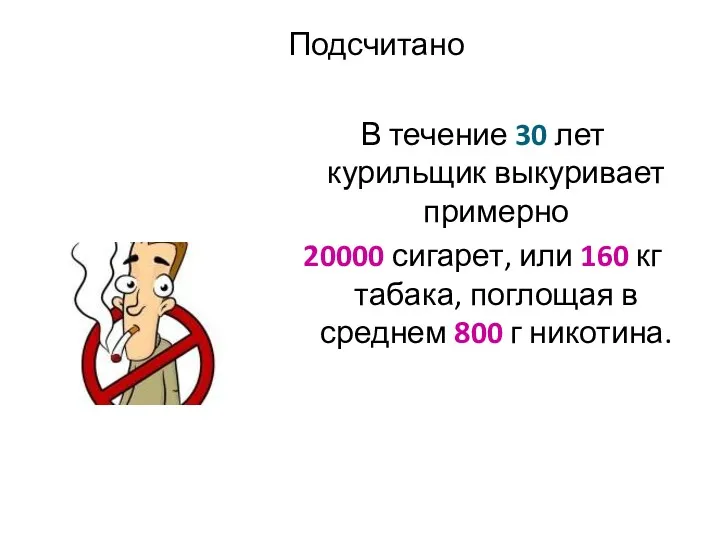 Подсчитано В течение 30 лет курильщик выкуривает примерно 20000 сигарет,