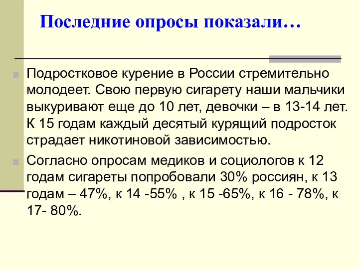 Последние опросы показали… Подростковое курение в России стремительно молодеет. Свою