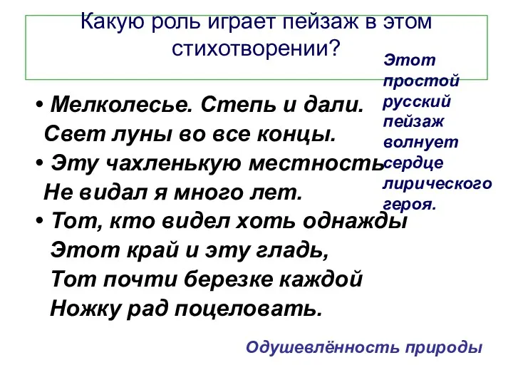 Какую роль играет пейзаж в этом стихотворении? Мелколесье. Степь и