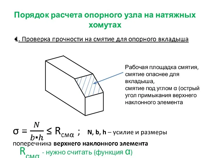 Порядок расчета опорного узла на натяжных хомутах Рабочая площадка смятия,