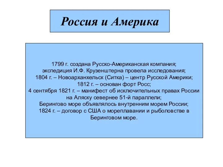 Россия и Америка 1799 г. создана Русско-Американская компания; экспедиция И.Ф.