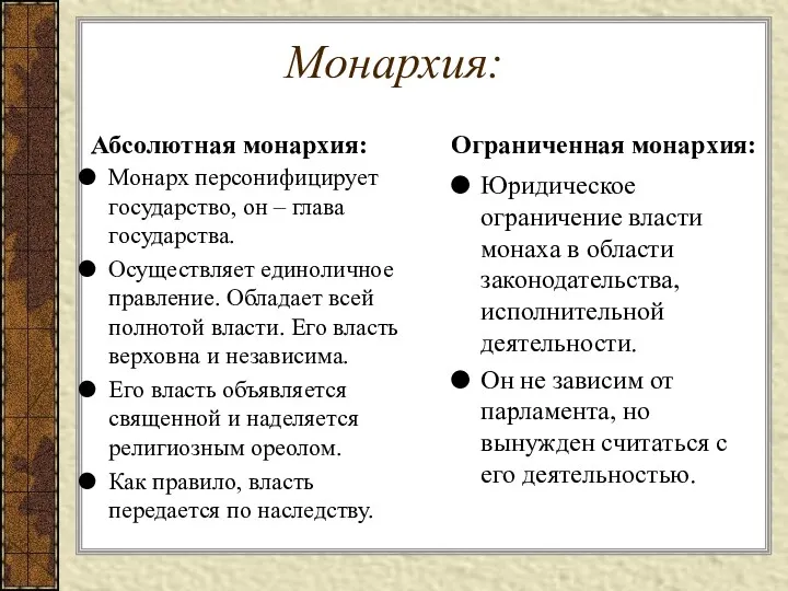 Монархия: Абсолютная монархия: Монарх персонифицирует государство, он – глава государства.