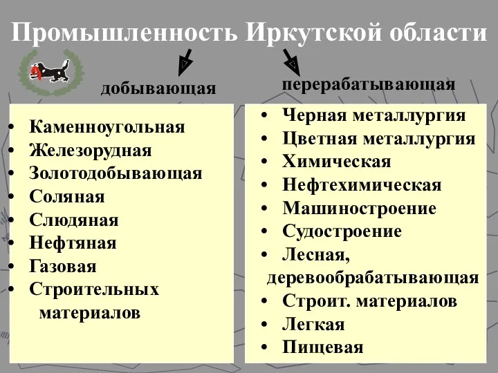 Промышленность Иркутской области добывающая перерабатывающая Каменноугольная Железорудная Золотодобывающая Соляная Слюдяная