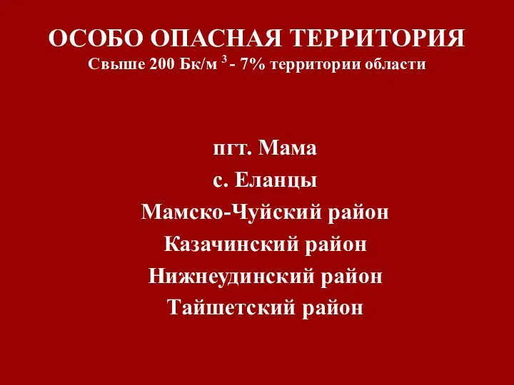 ОСОБО ОПАСНАЯ ТЕРРИТОРИЯ Свыше 200 Бк/м 3 - 7% территории