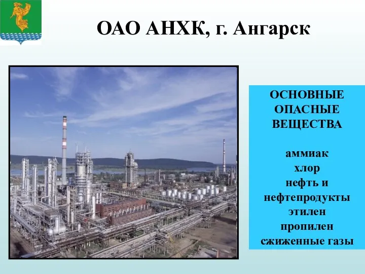 ОАО АНХК, г. Ангарск ОСНОВНЫЕ ОПАСНЫЕ ВЕЩЕСТВА аммиак хлор нефть и нефтепродукты этилен пропилен сжиженные газы