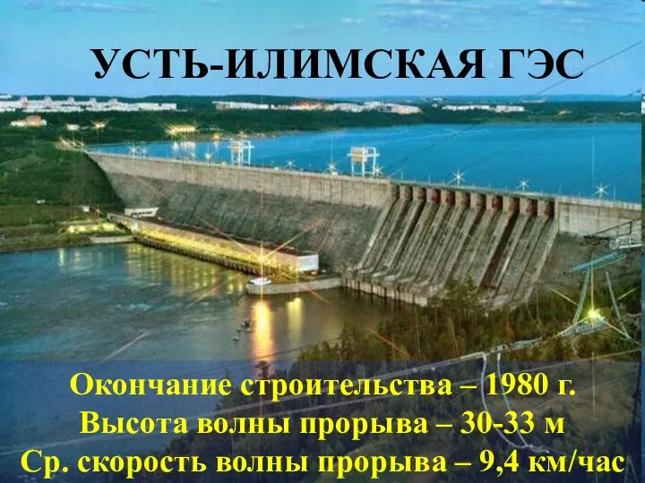 УСТЬ-ИЛИМСКАЯ ГЭС Окончание строительства – 1980 г. Высота волны прорыва